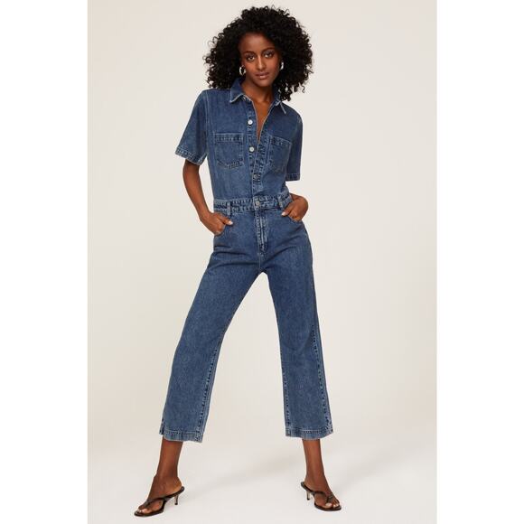 DL1961 Hannah Blue Denim Straight Leg Short Sleeve Collared Jean Jumpsuit Size L - Picture 1 of 14